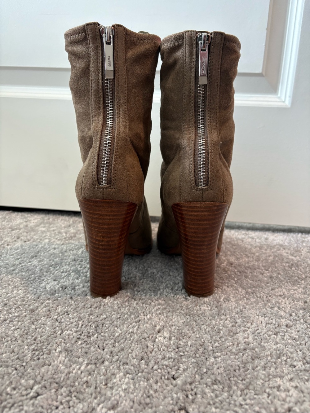 Aldo Taupe Suede Pointed-Toe Stacked Heel Boots - Picture 4 of 4